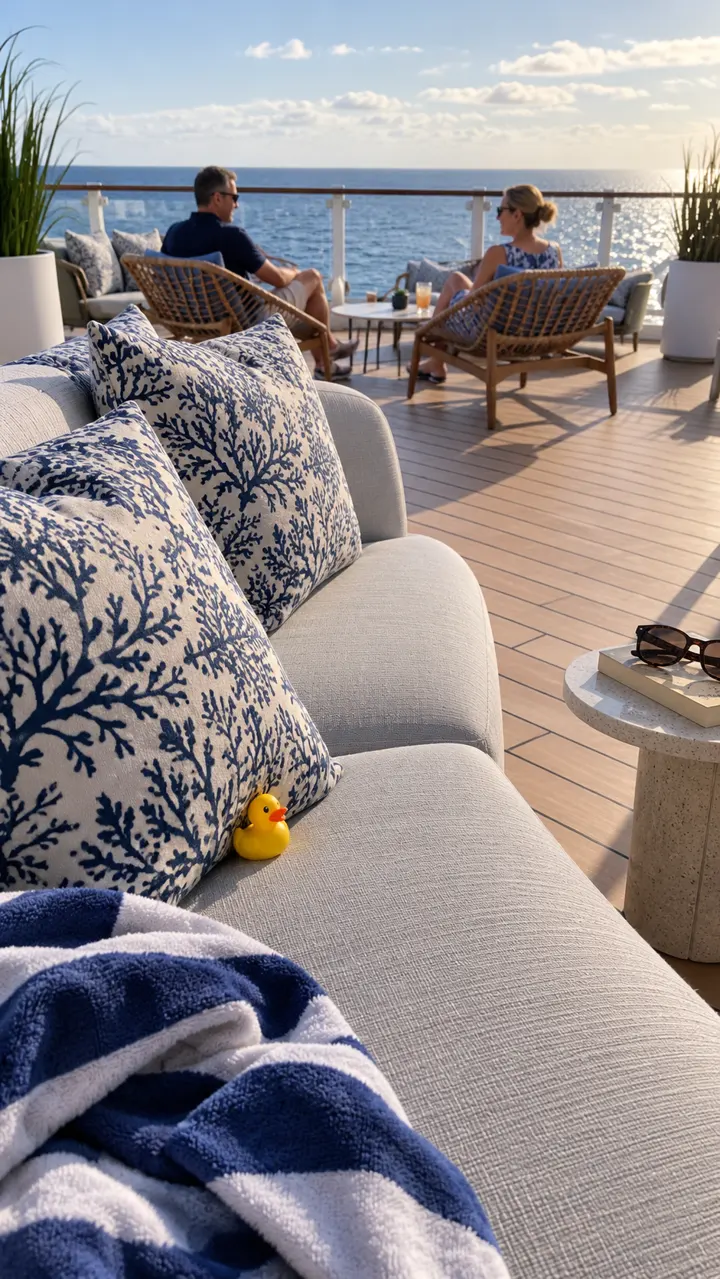 Illustrative scene of a small yellow duck visible beside a cushion in a cruise ship outdoor lounge.