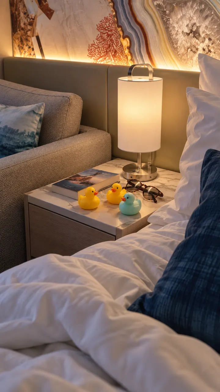 Illustrative scene of three found rubber ducks gathered on a cruise cabin bedside table.