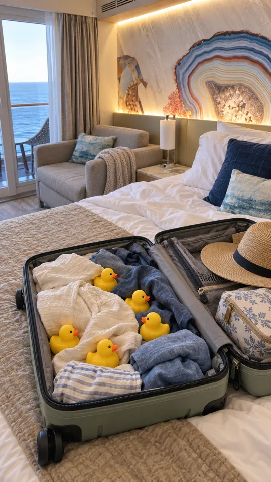 Illustration of five yellow rubber ducks packed between clothes in an open suitcase in a cruise cabin.