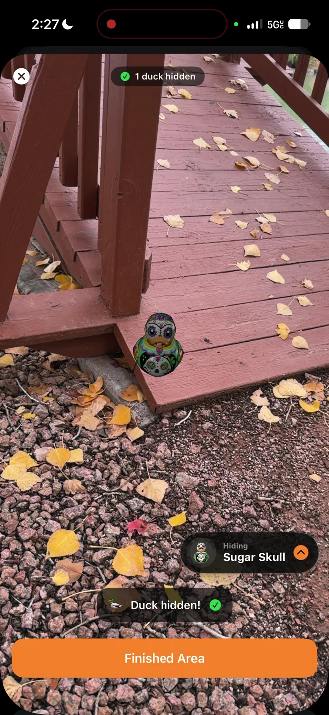 A Sugar Skull digital duck beside a wooden bridge, with Paddo confirming Duck hidden