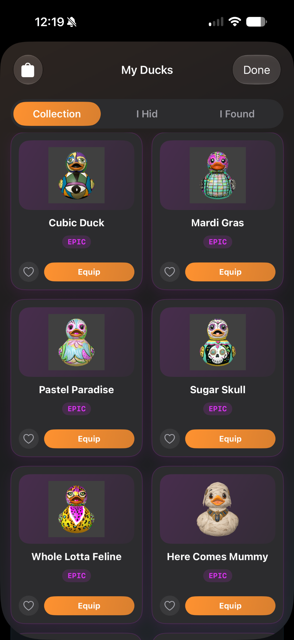 The My Ducks collection showing six duck styles with Equip buttons for choosing a duck