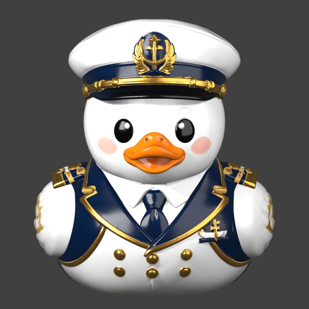 White captain duck in a navy-and-gold uniform and white captain’s hat