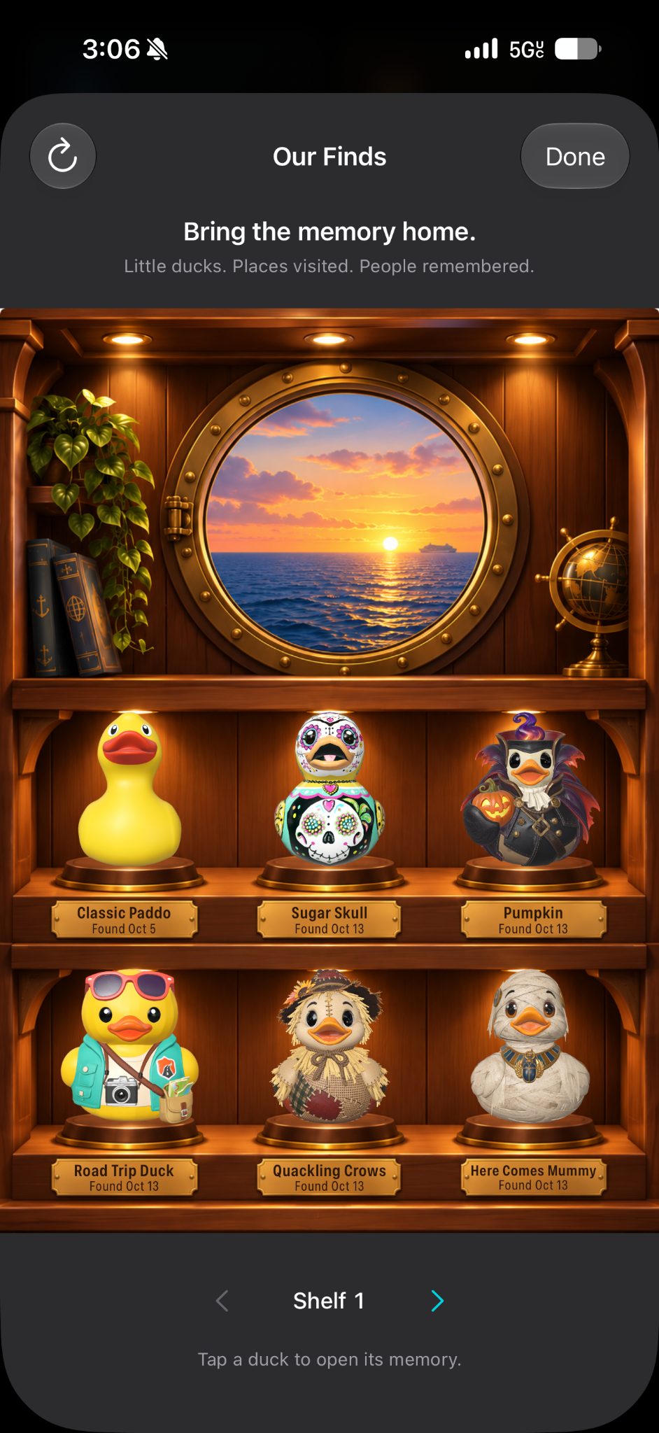 A player’s Our Finds collection displaying six discovered ducks with their found dates on a wooden shelf