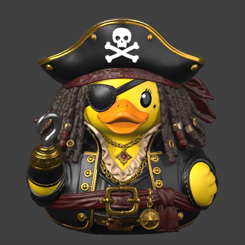 Yellow pirate duck with a black captain’s hat, eye patch, and hook