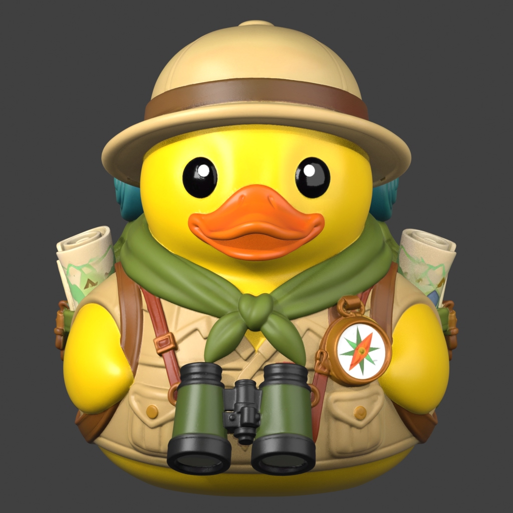 Yellow explorer duck wearing a safari hat, green scarf, compass, and binoculars